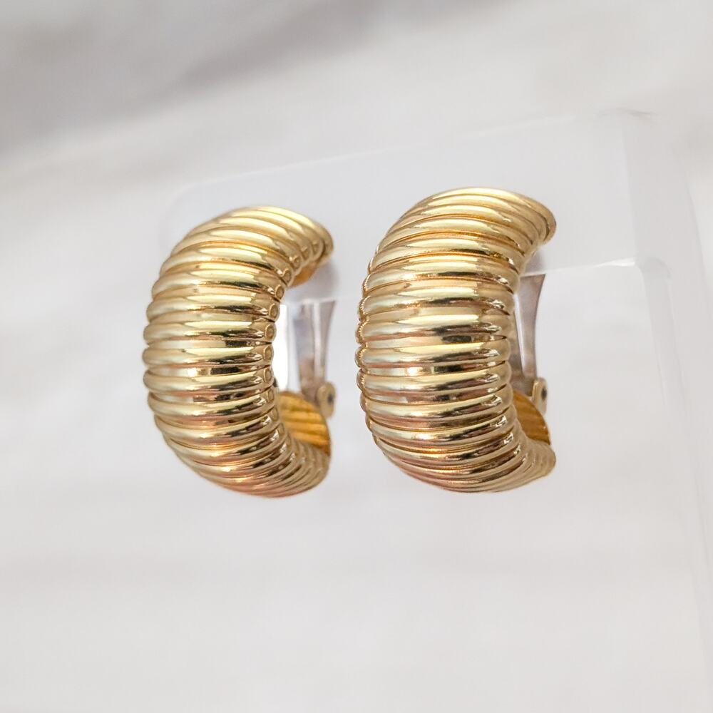 Vintage Clip On Earrings Extra Large Gold Tone Ribbed Statement Half Hoop
